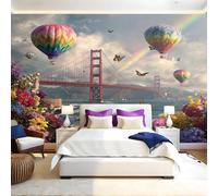 Photo Wallpaper 3D Effect Hot Air Balloons and The Golden Gate Bridge Mural Wallpaper Non-Woven Wall Mural, 350 x 256 cm Large Murals Wall Decor for Bedroom, Living Room, Kids Room