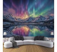 Photo Wallpaper 3D Effect Mural Panoramic Northern Lights Snow-Capped Mountains Wallpaper, Magnificent Natural Landscape Silk Wall Art Mural for Bedroom Living Room Decoration Poster 300x210cm