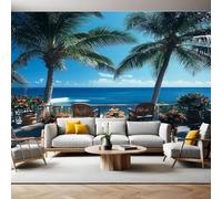 Photo Wallpaper 3D Effect Palm Tree Balcony View Mural Wallpaper Non-Woven Wall Mural, 350 x 256 cm Large Murals Wall Decor for Bedroom, Living Room, Kids Room