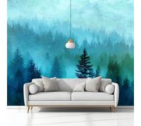 Photo Wallpaper 3D Effect Panoramic Mural Abstract Forest Landscape Blue-Green Wall Mural 350x245 cm for Living Room Bedroom Home Decoration, Non-Woven Wall Poster Adult Children