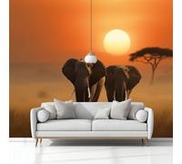 Photo Wallpaper 3D Effect Panoramic Mural Africa Sunset Elephants Orange Color Wall Mural 250x175 cm for Living Room Bedroom Home Decoration, Non-Woven Wall Poster Adult Children