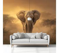 Photo Wallpaper 3D Effect Panoramic Mural African Grasslands Animals Elephants Mud Yellow Wall Mural 368x254 cm for Living Room Bedroom Home Decoration, Non-Woven Wall Poster Adult Children