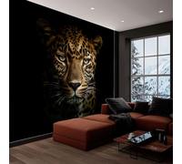 Photo Wallpaper 3D Effect Panoramic Mural Animals A Leopard in The Dark Black Wall Mural 250x175 cm for Living Room Bedroom Home Decoration, Non-Woven Wall Poster Adult Children