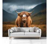 Photo Wallpaper 3D Effect Panoramic Mural Animals Highland Cattle Mountain Wall Mural 350x245 cm for Living Room Bedroom Home Decoration, Non-Woven Wall Poster Adult Children