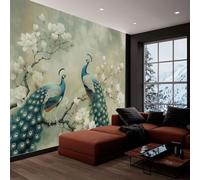 Photo Wallpaper 3D Effect Panoramic Mural Chinese Style Magnolia Flowers Peacocks Pale Green Wall Mural 400x280 cm for Living Room Bedroom Home Decoration, Non-Woven Wall Poster Adult Children
