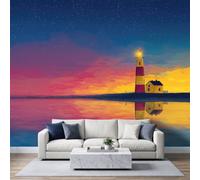 Photo Wallpaper 3D Effect Panoramic Mural Coastal Lighthouse Scenery Sunset Wall Mural 250x175 cm for Living Room Bedroom Home Decoration, Non-Woven Wall Poster Adult Children
