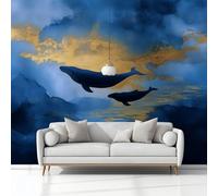 Photo Wallpaper 3D Effect Panoramic Mural Dream Whale Painting Blue Wall Mural 250x175 cm for Living Room Bedroom Home Decoration, Non-Woven Wall Poster Adult Children