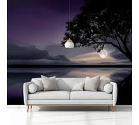 Photo Wallpaper 3D Effect Panoramic Mural Fantasy Lake View Moon Light Purple Wall Mural 300x210 cm for Living Room Bedroom Home Decoration, Non-Woven Wall Poster Adult Children