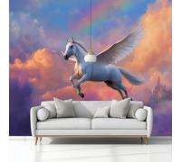 Photo Wallpaper 3D Effect Panoramic Mural Fantasy Unicorns Clouds Colorful Wall Mural 350x245 cm for Living Room Bedroom Home Decoration, Non-Woven Wall Poster Adult Children