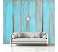 Photo Wallpaper 3D Effect Panoramic Mural Farmhouse Wood Grain Light Blue Wall Mural 400x280 cm for Living Room Bedroom Home Decoration, Non-Woven Wall Poster Adult Children