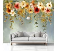 Photo Wallpaper 3D Effect Panoramic Mural Flowers Vines Leaves Light Gray Wall Mural 368x254 cm for Living Room Bedroom Home Decoration, Non-Woven Wall Poster Adult Children
