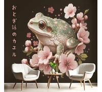 Photo Wallpaper 3D Effect Panoramic Mural Japanese Illustrations Frog Cherry Blossom Text for Living Room Adult Children Bedroom Home Decoration Wall Poster- Silk 400x280cm(WxH) Wall Mural Pink