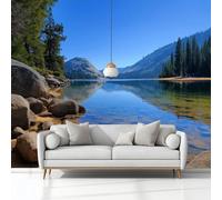 Photo Wallpaper 3D Effect Panoramic Mural Landscape Lake Mountains Blue Wall Mural 300x210 cm for Living Room Bedroom Home Decoration, Non-Woven Wall Poster Adult Children