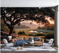 Photo Wallpaper 3D Effect Panoramic Mural Nature Photography Big Tree Sunset Bench for Living Room Adult Children Bedroom Home Decoration Wall Poster - Silk 300x210cm (WxH) Wall Mural Dark Brown