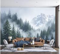 Photo Wallpaper 3D Effect Panoramic Mural Nature Photography Pine Trees, Mist, Snow-Capped Mountains for Living Room Children Bedroom Home Decoration Wall Poster- Silk 400x280cm Wall Mural Green
