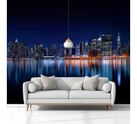 Photo Wallpaper 3D Effect Panoramic Mural New York City Skyline Night View Dark Blue Wall Mural 250x175 cm for Living Room Bedroom Home Decoration, Non-Woven Wall Poster Adult Children
