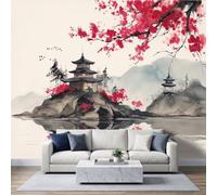 Photo Wallpaper 3D Effect Panoramic Mural Oriental Ink Wash Architecture Cherry Blossom Wall Mural 400x280 cm for Living Room Bedroom Home Decoration, Non-Woven Wall Poster Adult Children