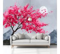 Photo Wallpaper 3D Effect Panoramic Mural Painting Pink Cherry Blossom Tree Grey Wall Mural 250x175 cm for Living Room Bedroom Home Decoration, Non-Woven Wall Poster Adult Children