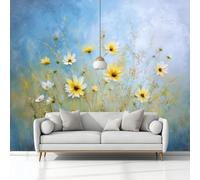 Photo Wallpaper 3D Effect Panoramic Mural Painting Wildflowers Light Blue Wall Mural 250x175 cm for Living Room Bedroom Home Decoration, Non-Woven Wall Poster Adult Children