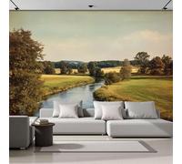 Photo Wallpaper 3D Effect Panoramic Mural Retro Country Style River Flows Through Grassland for Living Room Adult Children Bedroom Home Decoration Wall Poster - Silk 350x256cm Wall Mural Yellow-Green