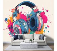Photo Wallpaper 3D Effect Panoramic Mural Street Graffiti Headphone Music Colourful Wall Mural 350x245 cm for Living Room Bedroom Home Decoration, Non-Woven Wall Poster Adult Children