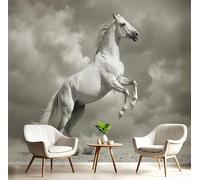 Photo Wallpaper 3D Effect Panoramic Mural The White Horse Leaped Into The Air Realistic Photography Style for Living Room Children Bedroom Home Decoration Wall Poster - Silk 400x280cm Wall Mural Grey
