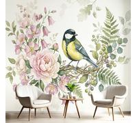 Photo Wallpaper 3D Effect Panoramic Mural Tree Branches, Flowers, Birds Watercolor Plants Pink Green Wall Mural 200X140Cm For Living Room Bedroom Home Decoration, Silk Wall Poster Adult Children