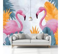 Photo Wallpaper 3D Effect Panoramic Mural Tropical Leaves Flamingo Retro Wall Mural 350x245 cm for Living Room Bedroom Home Decoration, Non-Woven Wall Poster Adult Children