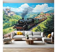 Photo Wallpaper 3D Effect Steam Train Black Mural Wallpaper Non-Woven Wall Mural, 350 x 256 cm Large Mural Wall Decor for Bedroom, Living Room, Kids Room