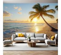 Photo Wallpaper 3D Effect Sunset Beach View Non-Woven Wall Mural 250 x 180 cm Gold Large Wall Decor for Bedroom Living Room Kids Room