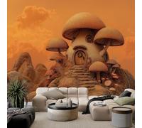 Photo Wallpaper 3D Fantasy Mushroom House 350 x 256 cm Yellow Wall Mural, Non-Woven Fleece Modern Print Murals Wall Art for Bedroom Living Room Home Decor