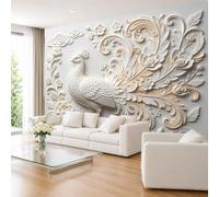 Photo Wallpaper 3D Faux Plaster Relief White Peacock with Spread Tail Feathers 250×175cm (Wxh) Luxury Oriental Zen Wall Mural Wall Covering for Living Room Bedroom Tv Background 250×175cm (Wxh) (9