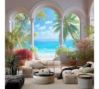 Photo Wallpaper 3D Flowerpot Window Sea View 300 x 210 cm Mural Large TV Background - Multicolor Non-Woven 3D Murals for Living Room Bedroom Decoration Poster Wall Covering