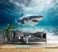 Photo Wallpaper 3D Great White Shark Non-Woven Matt Wall Mural | Wipeable Panoramic Mural Wallpaper Underwater Ocean Waterproof Wall Art 350x256 cm for Living Room Bedroom Kid Room d676
