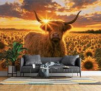 Photo Wallpaper 3D Highland Cow Sunflower Wall Mural Non-Woven Matt | Wipeable Panoramic Mural Wallpaper 350x256 cm Sunset Farm Animal Paste The Wall Art for Living Room Bedroom Home Officec354