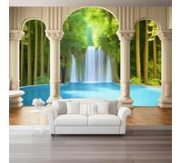 Photo Wallpaper 3D Jungle Waterfall Pillars River Non-Woven Premium Art Print Fleece Wall Mural Decoration Poster Picture Design 400 x 280 cm Murals for Living Room Kids Bedroom, Green Cream
