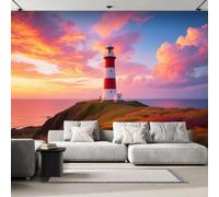 Photo Wallpaper 3D Lighthouse Sunset Non-Woven Matt Wall Mural | Wipeable Panoramic Mural Wallpaper Coastal Landscape Waterproof Wall Art 500x280 cm for Living Room Bedroom Kid Room b153
