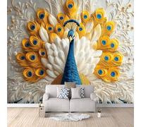 Photo Wallpaper 3D Peacock Wall Mural - Golden and White Feathered Animals Non-Woven Wallpaper, 3D Effect Wall Mural for Bedroom Living Room Sofa TV Background Decor 250 × 175 cm (W x H)