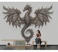 Photo Wallpaper 3D Relief Style 350x256cm 3D Effect Wall Mural Winged Divine Dragon Silk Premium Art Print Decoration Poster Picture Design for Living Room, Bedroom Office Wall Decor, Bronze Gray