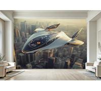 Photo Wallpaper 3D Sci-fi Aircraft Wall Mural Non-Woven Matt | Wipeable Panoramic Mural Wallpaper Futuristic City Waterproof Wall Art 200x140 cm for Living Room Bedroom Kid Room B148