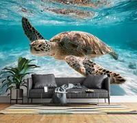 Photo Wallpaper 3D Sea Turtle Marine Life Wall Mural Non-Woven Matt | Wipeable Panoramic Mural Wallpaper 300x210 cm Underwater Ocean Paste The Wall Art for Living Room Bedroom Home Officec3