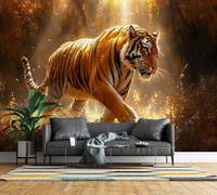 Photo Wallpaper 3D Tiger Wild Animal Non-Woven Matt Wall Mural | Wipeable Panoramic Mural Wallpaper Forest Wildlife Waterproof Wall Art 500x280 cm for Living Room Bedroom Kid Room F160