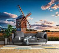 Photo Wallpaper 3D Windmill Countryside Wall Mural Non-Woven Matt | Wipeable Panoramic Mural Wallpaper Meadow Rural Pastoral Waterproof Wall Art 400x280 cm for Living Room Bedroom Kid Room P677