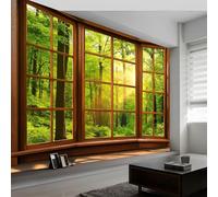 Photo Wallpaper 3D Window Forest Landscape, Poster Picture Design Dark Green, 350 x 256 cm (WxH) Non-Woven Premium Art Print for Living Room Bedroom & Dining Room Wall Mural,