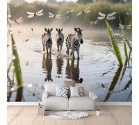 Photo Wallpaper 3D Zebra Wall Murals for Living Room, Non-Woven Mural Wallpaper River Animals: Dragonflies, Zebras Home Poster Sofa TV Background Wall Mural Decor 300 × 256 cm (W x H)