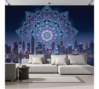 Photo Wallpaper 400 x 280 cm 3D Effect Traditional Mandala Murals Wallpaper, Modern City Skyline Decor Poster Picture Wall Art Murals Decoration for Bedroom Living Room and kidsroom Dark Blue