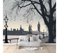 Photo Wallpaper - 400 x 280 cm Hand Drawn Cartoon London River Embankment Non-Woven Premium Fleece Wall Mural - Victorian Street Lamp Art Print Bedroom Living Room Decoration Poster