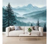 Photo Wallpaper 450x315 cm, Non-Woven Pine Tree Mountain Fog | Vintage Nature Landscape Wall Mural for Kitchen Bedroom Living Room Poster Picture