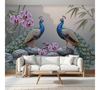 Photo Wallpaper 500 x 350 cm 3D Effect Naturally Orchids Murals Wallpaper, The Peacock Stood On The Rock Decor Poster Picture Wall Art Murals Decoration for Bedroom Living Room and kidsroom Grey