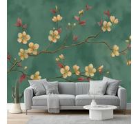 Photo Wallpaper 78.7" x 55.1" Non-Woven Premium Art Print Fleece Wall Mural Decoration Poster Picture Design Modern Flower Branches Retro Chinese Style Moderne Living Room Bedroom Green Yellow